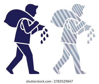 sower walking and spreading seeds from a bag on his shoulder silhouette and metallic gradient versions.
