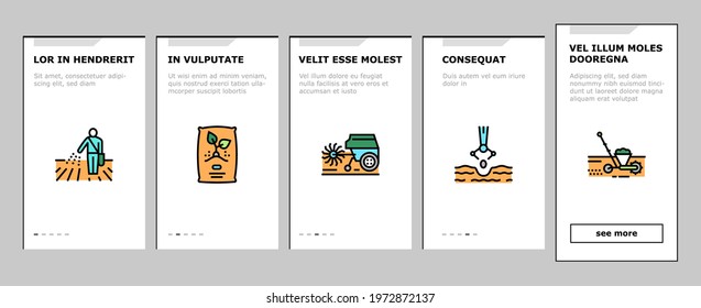 Sowing Agricultural Onboarding Mobile App Page Screen Vector. Sowing Seeds And Field Processing, Plant Care And Harvesting, Tractor And Harvester Illustrations