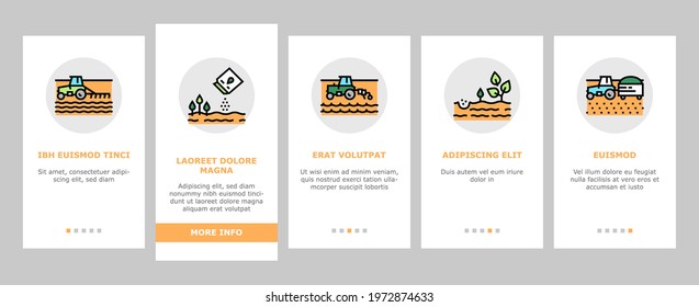 Sowing Agricultural Onboarding Mobile App Page Screen Vector. Sowing Seeds And Field Processing, Plant Care And Harvesting, Tractor And Harvester Illustrations