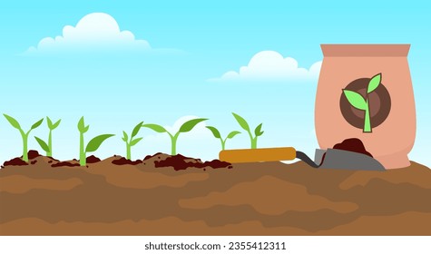 compost de siembra para las plantas en el suelo, aplicación manual de alimentos de plantas de fertilizantes a suelo para ilustración de vectores de huertos y flores, industria agrícola, diseño de sitios web