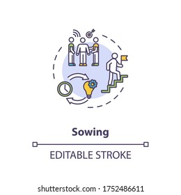 Sowing concept icon. Mentoring technique, teaching strategy idea thin line illustration. Preparing and motivating student, teachers guidance. Vector isolated outline RGB color drawing. Editable stroke