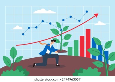 Sowing future business growth, nurturing market strategies, data-driven cultivation, strategic planning concept vector illustration. Analyst planting seeds in data field