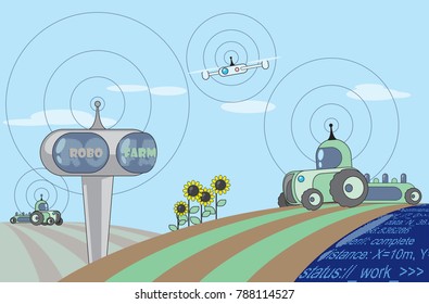 Sowing, robotic solutions for modern Farming, conception of the future of Agriculture, smart agrimachines and drone in the field. Vector illustration