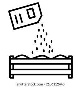 Sowing seeds in a box with earth. A package with seeds for sowing in the greenhouse. Gardening, agronomy. Vector icon, outline, isolated. Editable stroke