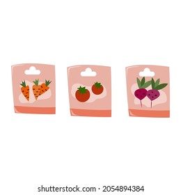 Sowing seeds. Garden package of seeds. Tomato, carrot, beet seeds. Isolated vector illustration on white background.