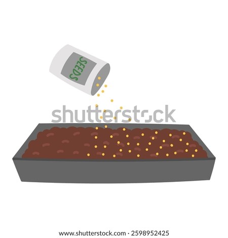 Sowing seeds in soil of growing tray in flat cartoon design. Paper package with yellow grains falling to garden. Plant germination, organic greenhouse and springtime gardening. Vector illustration