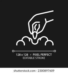 Sowing white linear icon for dark theme. Putting seed in soil. Agricultural process. Gardening season. Organic farming. Thin line illustration. Isolated symbol for night mode. Editable stroke