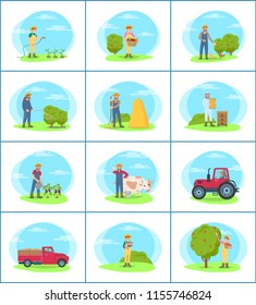 Sowing woman on vegetables plantation isolated vector set. Man with sprayer and watering can, farmer with compost trolley cart. Lorry and trailer