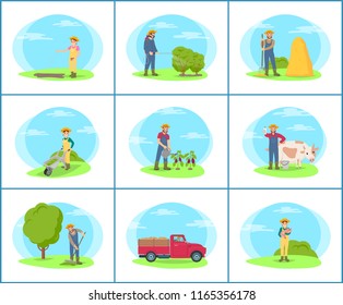 Sowing woman on vegetables plantation isolated vector set. Man with sprayer and watering can, farmer with compost trolley cart. Lorry and trailer