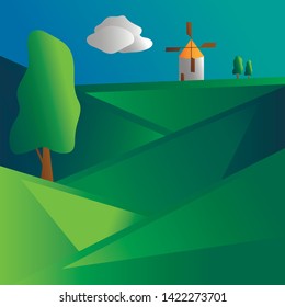 Sown fields, trees, and a mill in the background. Simple illustration .Vector.