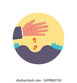 Sows grain cartoon icon. Man throws grain for sowing. Vector illustration flat design. Isolated on white background. Farmer throw corn in the pit. Cultivation wheat. Work on ground.
