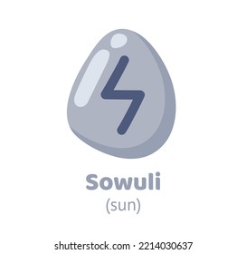 Sowuli (sun) rune, runic inscription engraving on grey stone. Magic, witchcraft, game element. Nordic alphabet, viking letter. Hand drawn flat vector illustration.