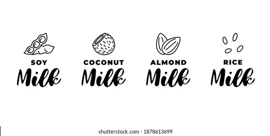 Soy, almond, coconut and rice milk logo set. Packaging linear badge design element set. Hand drawn healthy vegan drinks isolated logotype collection vector illustration