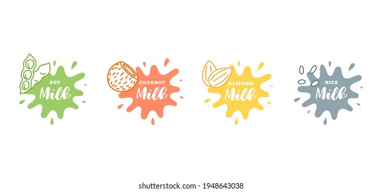 Soy, almond, coconut and rice milk logotype set in splash form with drops. Packaging badge design element set. Hand drawn healthy vegan eco drinks labels. Isolated logo collection eps illustration