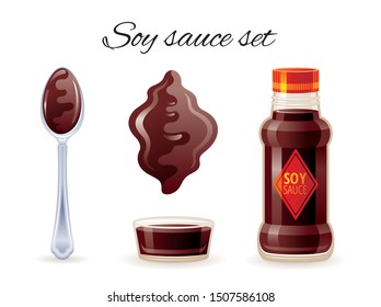 Soy asian sauce. Soya sauce bottle, bowl, spoon, splash. Food icon set with logo label package, mock up. Glass japanese soy bottle for sushi, 3d realistic vector illustration isolated white background