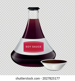 Soy asian sushi sauce in glass bottle. Realistic elements for food icon and design