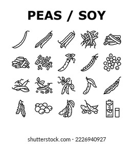 soy bean food pea green icons set vector. vegetable, vegetarian healthy, soybean seed, organic pod, plant fresh, protein soy bean food pea green black contour illustrations