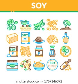 Soy Bean Food Product Collection Icons Set Vector. Agricultural Harvester Harvesting On Farm And Milk Package, Soy Sauce Bottle And Plant Concept Linear Pictograms. Color Illustrations