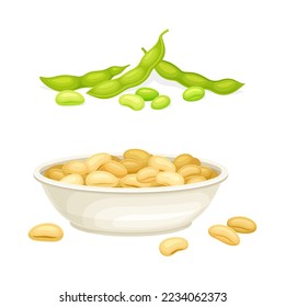 Soy Bean in Green Pods and in Bowl as Edible Vegan Product Vector Set