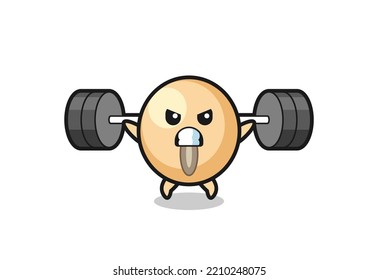 soy bean mascot cartoon with a barbell , cute design