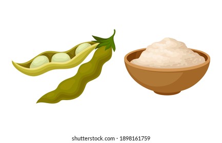 Soy Bean Pod and Soy Flour in Bowl Vector Set