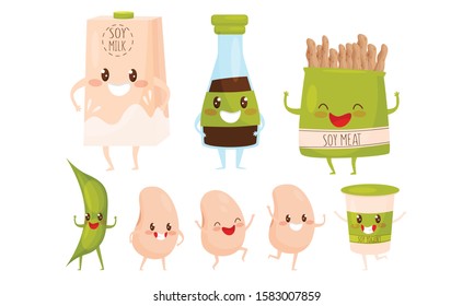 Soy Bean Products Cartoon Characters with Funny Faces Collection Vector Illustration