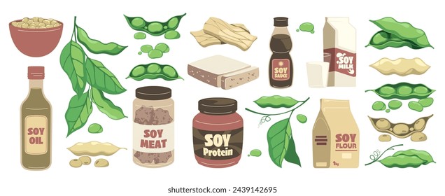 Soy bean products. Cartoon organic food with soybean soy milk soya tofu tempeh, vegan vegetarian healthy protein alternative. Vector set. Natural ingredients for meat, oil and flour