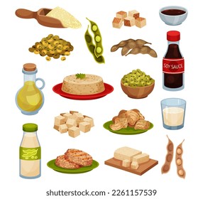 Soy bean products set. Tofu cheese, milk, soybean, tempeh, miso, oil. Vegan protein meal for healthy diet cartoon vector