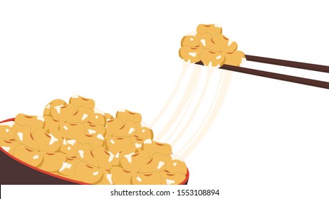 Soy bean vector. Soy bean on chopsticks. Natto vector. Natto in blow.