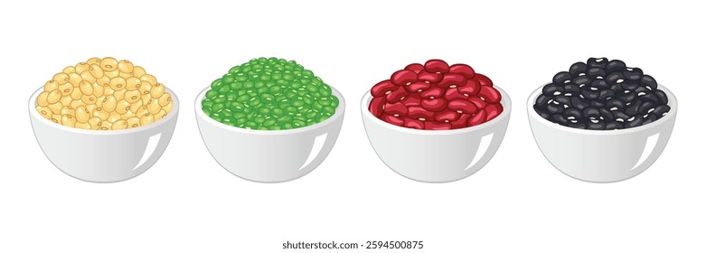 Soy bean,Mung bean,Red bean,Black bean in bowl isolated on white background.