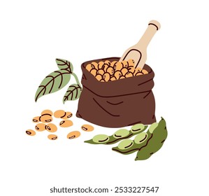 Frijoles de soja en bolsa, ingrediente vegano, composición de productos alimenticios. Proteína vegetal vegetariana. Legumbres, vainas de soja, edamame. Productos orgánicos saludables. Ilustración vectorial plana aislada sobre fondo blanco