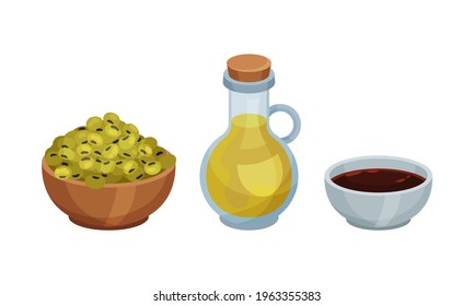 Soy Beans in Bowl with Oil and Sauce Vector Set