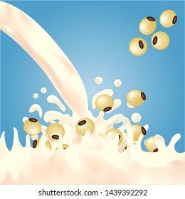 Soy beans fall into soy milk, causing a splash of soy milk.