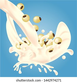 Soy beans fall into soy milk, causing a splash of soy milk.