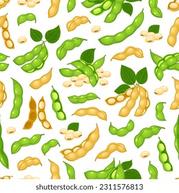 Soy beans seamless pattern, green soybean pods and legume. Vector soy beans of soya seeds vegetable plant background pattern with chickpea peapod, haricot or legume lentils