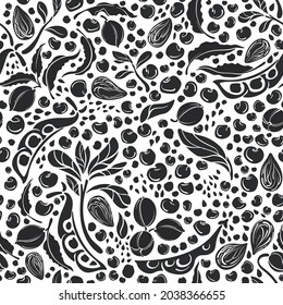 Soy beans, sesame, nuts seamless pattern. Vector pod, graphic sprout on white background. Natural vegan food. Monochrome print. Healthy ingredient, bio product, organic milk