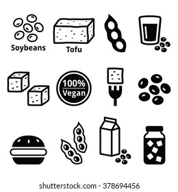 Soy beans, soya, tofu icons set
