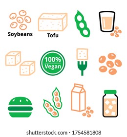 Judías de soja, soja, tofu vectorial icon set - diseño de color de comida saludable, vegetariana o vegana. 
Iconos saludables de comida, alubias de soja, leche y tofu de diseño aislados en blanco
