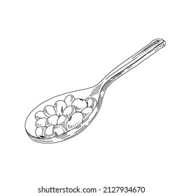 Soy beans spoon, retro hand drawn vector illustration. Natural organic product for healthy food cooking, sketch vintage engraving isolated on white background.