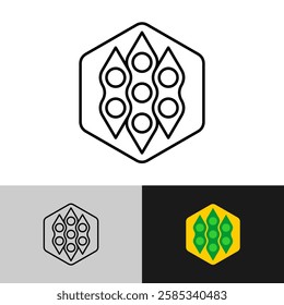 Soy beans tech icon, soy wax eco concept. Black and white line icon of soybeans in a hexagon. Soy wax for candles symbol. Editable stroke.