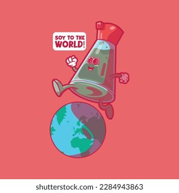 A soy bottle character running on top of the world vector illustration. Food, funny, graphic design concept.