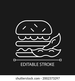 Soy-Hamburger-weiße Linearsymbol für dunkles Thema. Teil aus ökologischem Gemüse. Vegetische Lebensmittel. Dünne, anpassbare Illustration. Einziges Vektorkontursymbol für den Nachtmodus. Bearbeitbarer Hub