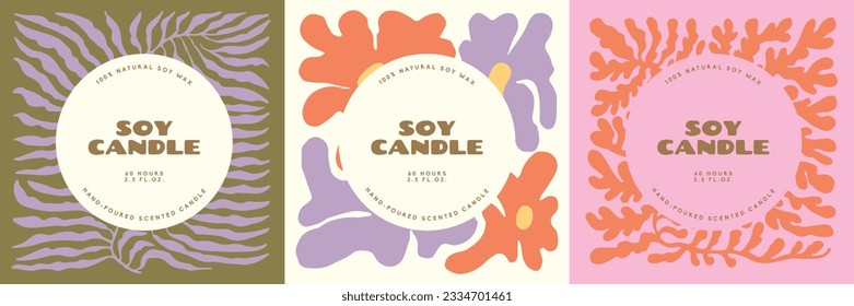 Soy candle vector label design template with groovy flowers background