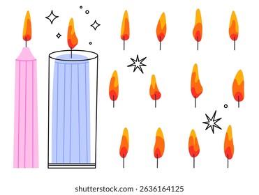 Soy candle. Wax candle with light. Modern decoration. Romantic spa decor. Candle fire different types of flame