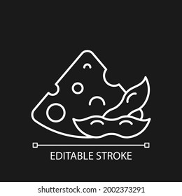 Soy cheese white linear icon for dark theme. Natural cheese types. Organic meals ingredients. Thin line customizable illustration. Isolated vector contour symbol for night mode. Editable stroke