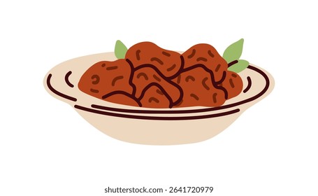 Soy dish, vegan meat food. Veg meal with plant-based chicken chunks, pieces served in bowl. Soya protein slices, healthy vegetarian Asian cuisine. Flat vector illustration isolated on white background