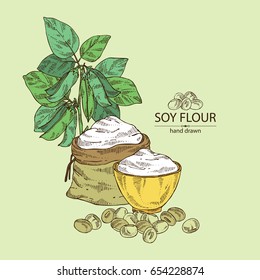Soy flour: bag and plate with soy flour, soybeans and soybean plant. Vector hand drawn illustration.