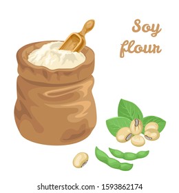 Soy flour in bag and wooden scoop isolated on white background. Green Soya pods and leaves. Vector illustration of legumes in cartoon simple flat style. 