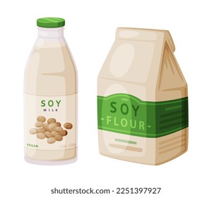 Soy Flour in Package and Milk Bottle as Natural and Organic Product from Soybean Plant Vector Set