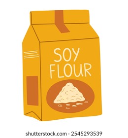 Harina de soja. Productos veganos, ingredientes de comida vegetariana.  Alimento proteico saludable a partir de soja. Ilustración vectorial plana aislada sobre fondo blanco